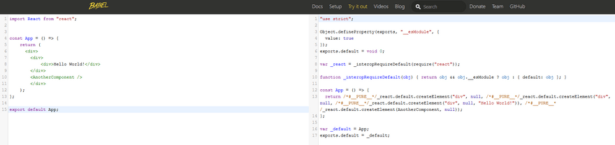 Figure 4 - Babel's online code editor with JSX (left) and transpiled code (right).